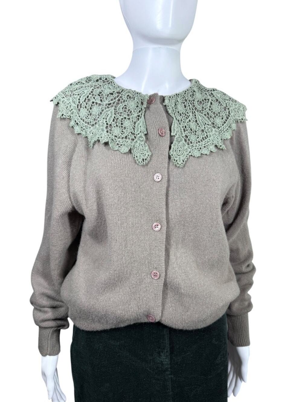 Vintage Together! Olive Green Lace Collar Lambswool Cardigan Sweater Medium